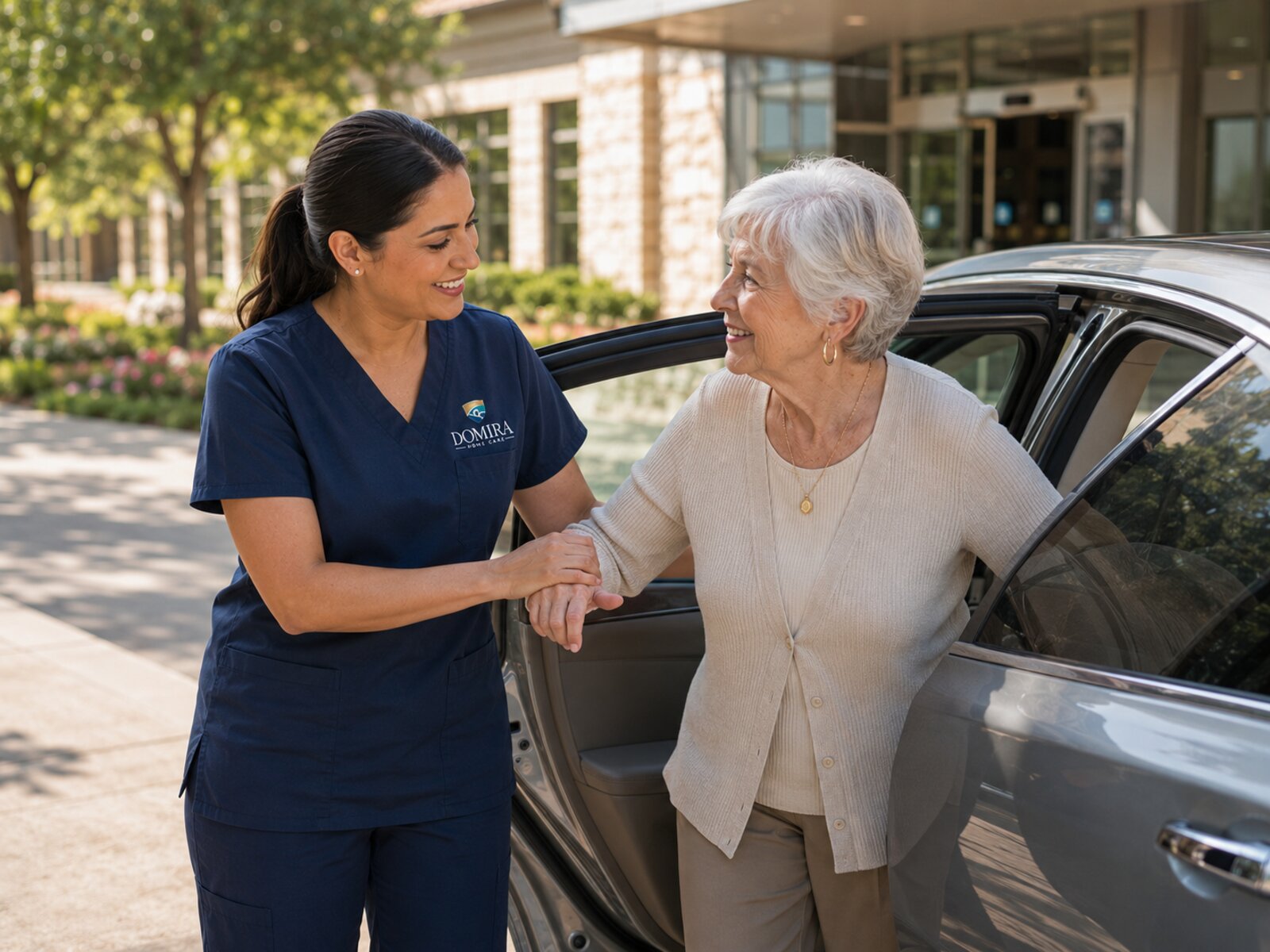 Domira caregiver supporting an older adult by the arm during a community outing