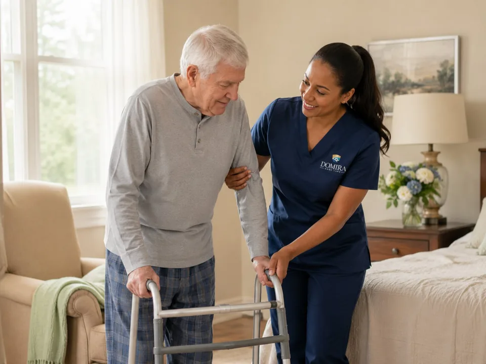Domira caregiver assisting an older adult with a walker