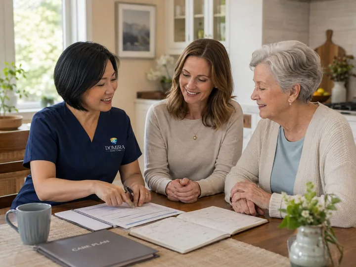 Domira caregiver discussing a care plan with an older woman and adult family member