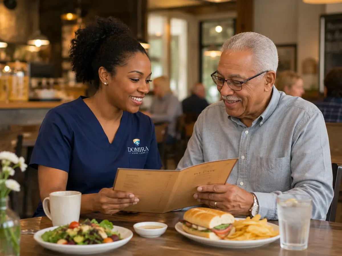 Domira caregiver and older man reviewing a cafe menu during a community outing