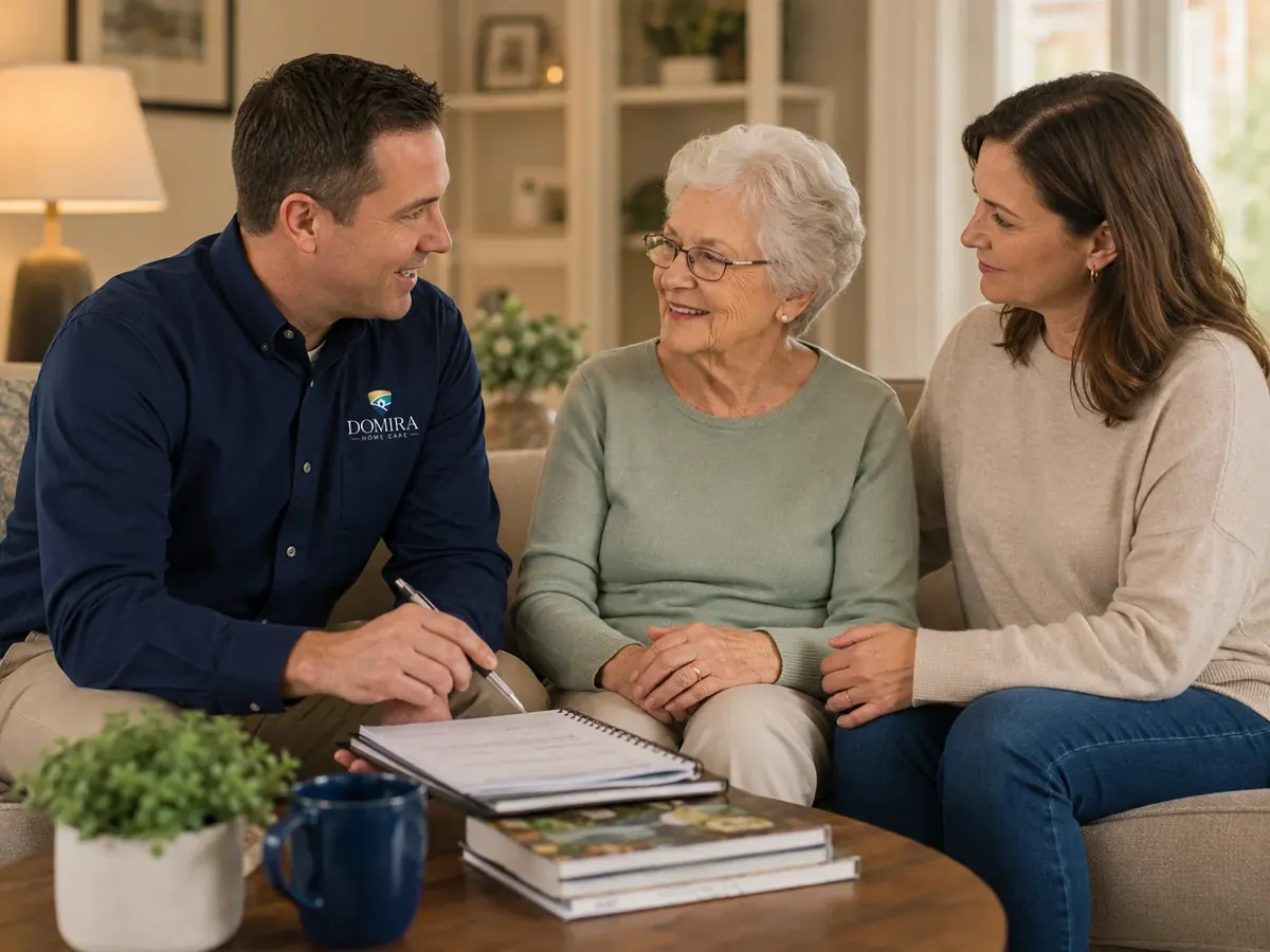 Domira supervisor reviewing a care plan with an older woman and adult daughter
