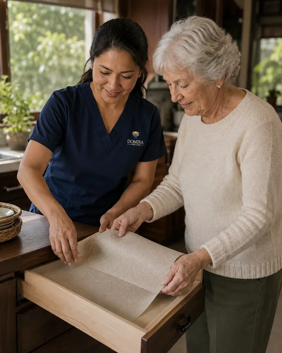 Domira caregiver and older woman organizing a kitchen drawer together at home