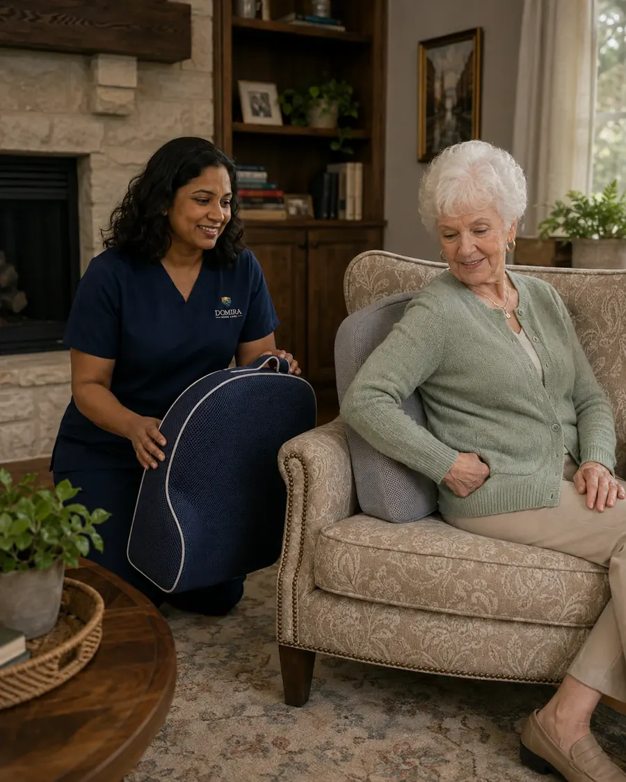 Domira caregiver helping an older adult with a supportive pillow during an evening routine