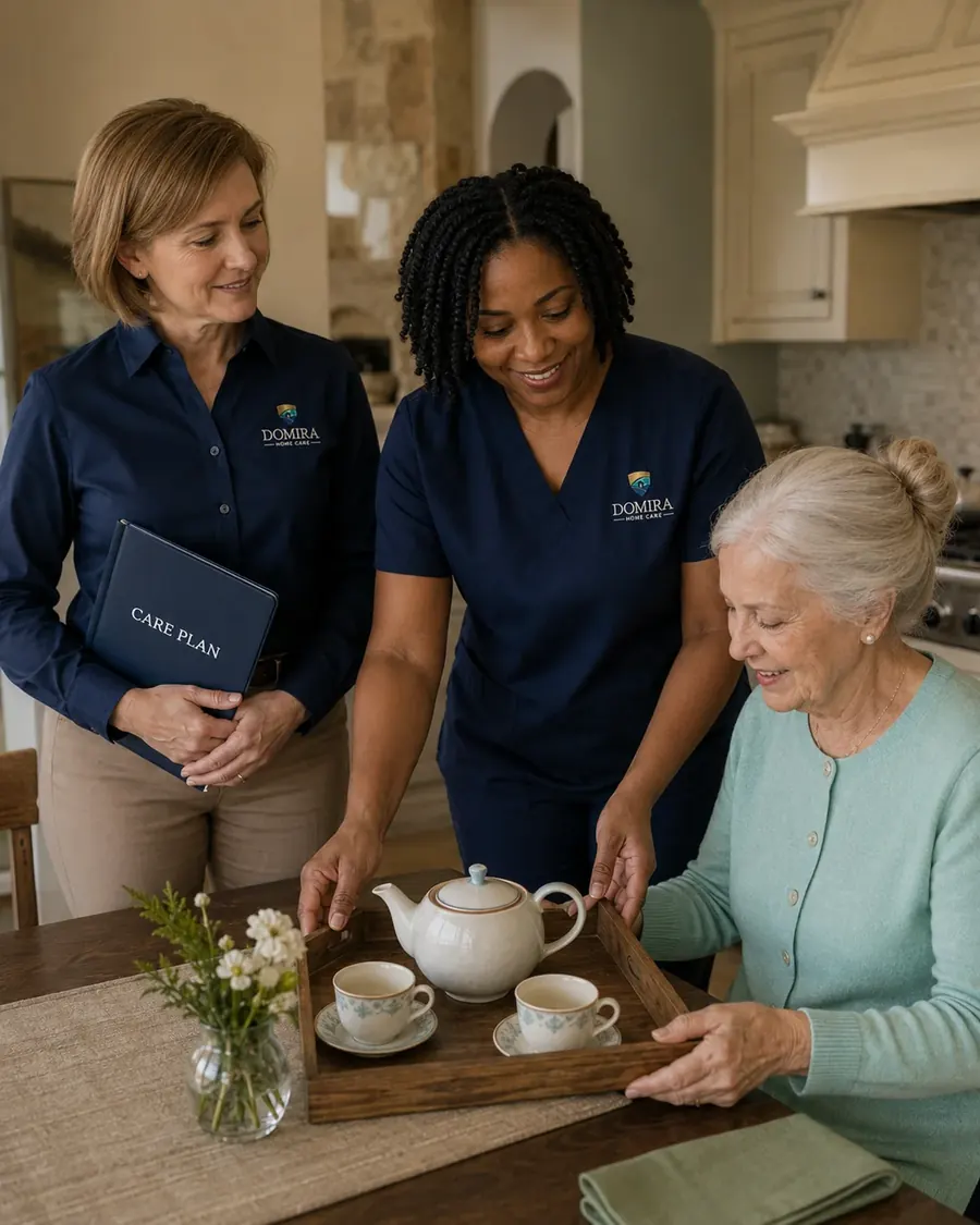 Domira caregiver supporting an older woman while a Domira supervisor observes the care routine