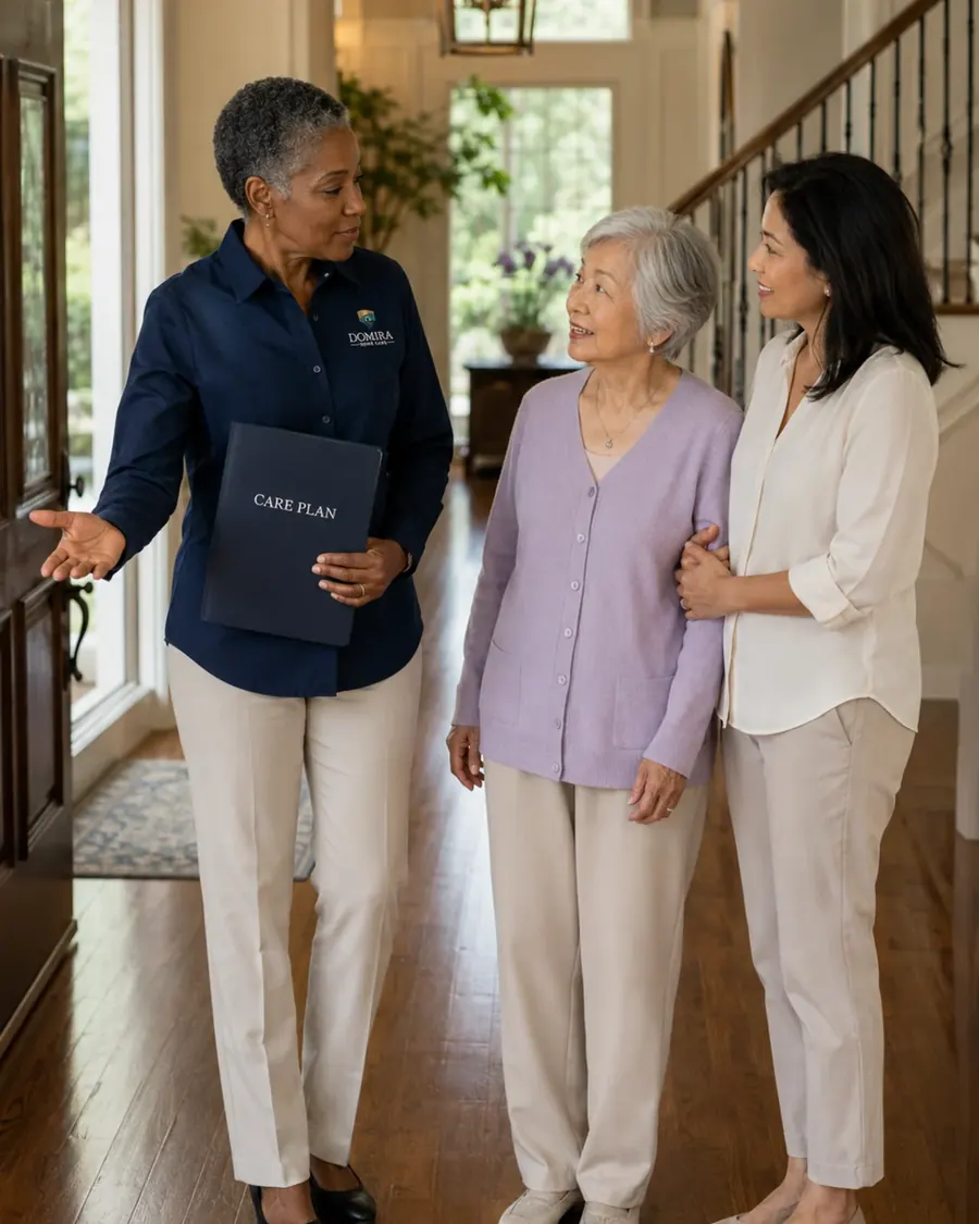 Domira start-of-care walkthrough with an older woman and adult daughter near the home entryway
