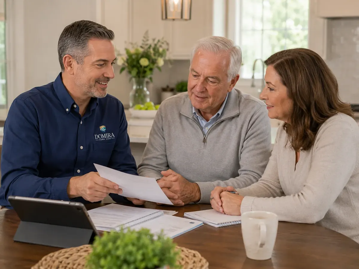 Domira representative reviewing care planning documents with an older couple