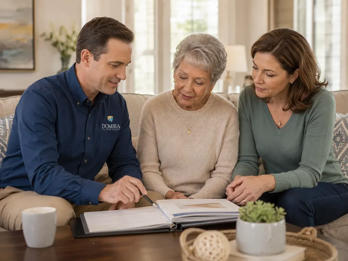 Domira representative reviewing a care plan with an older woman and adult daughter