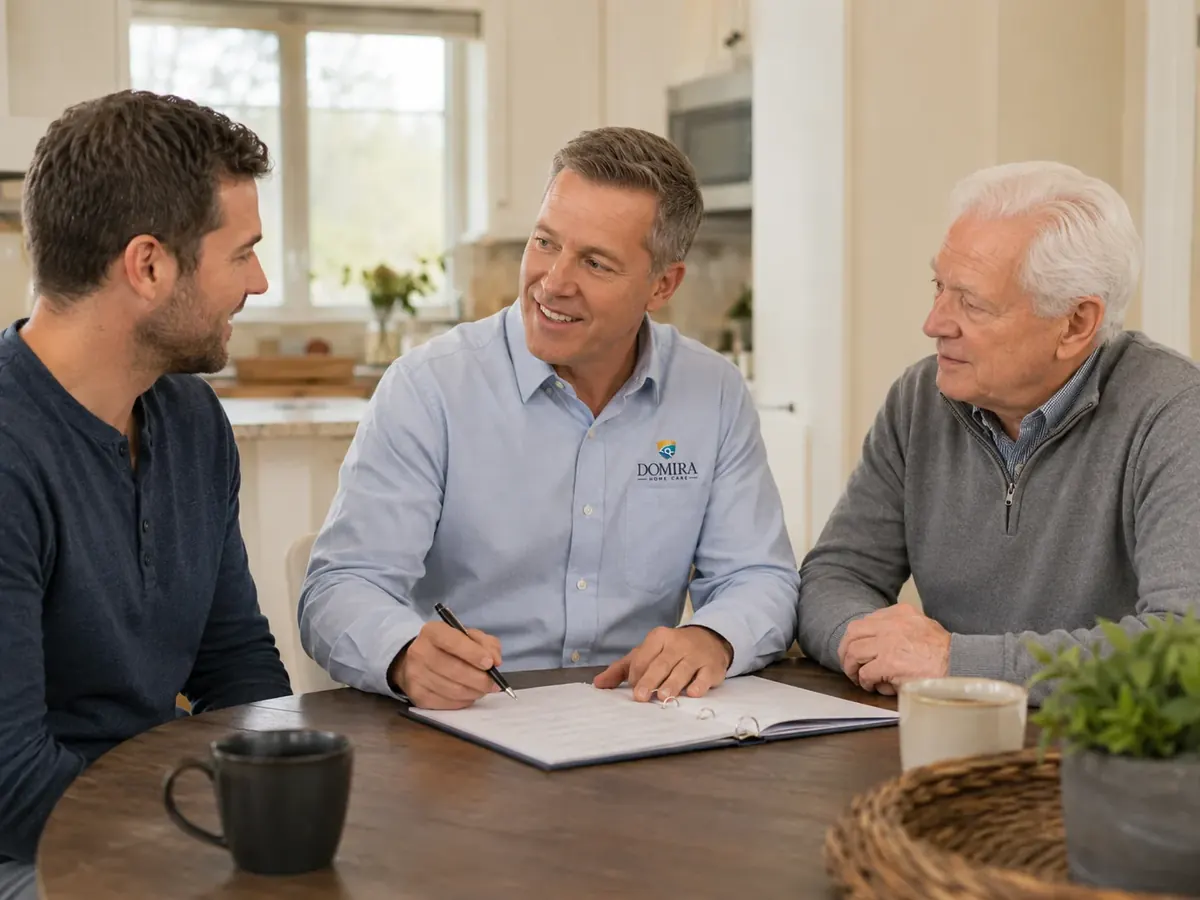 Domira representative discussing a written care plan with an older man and adult family member