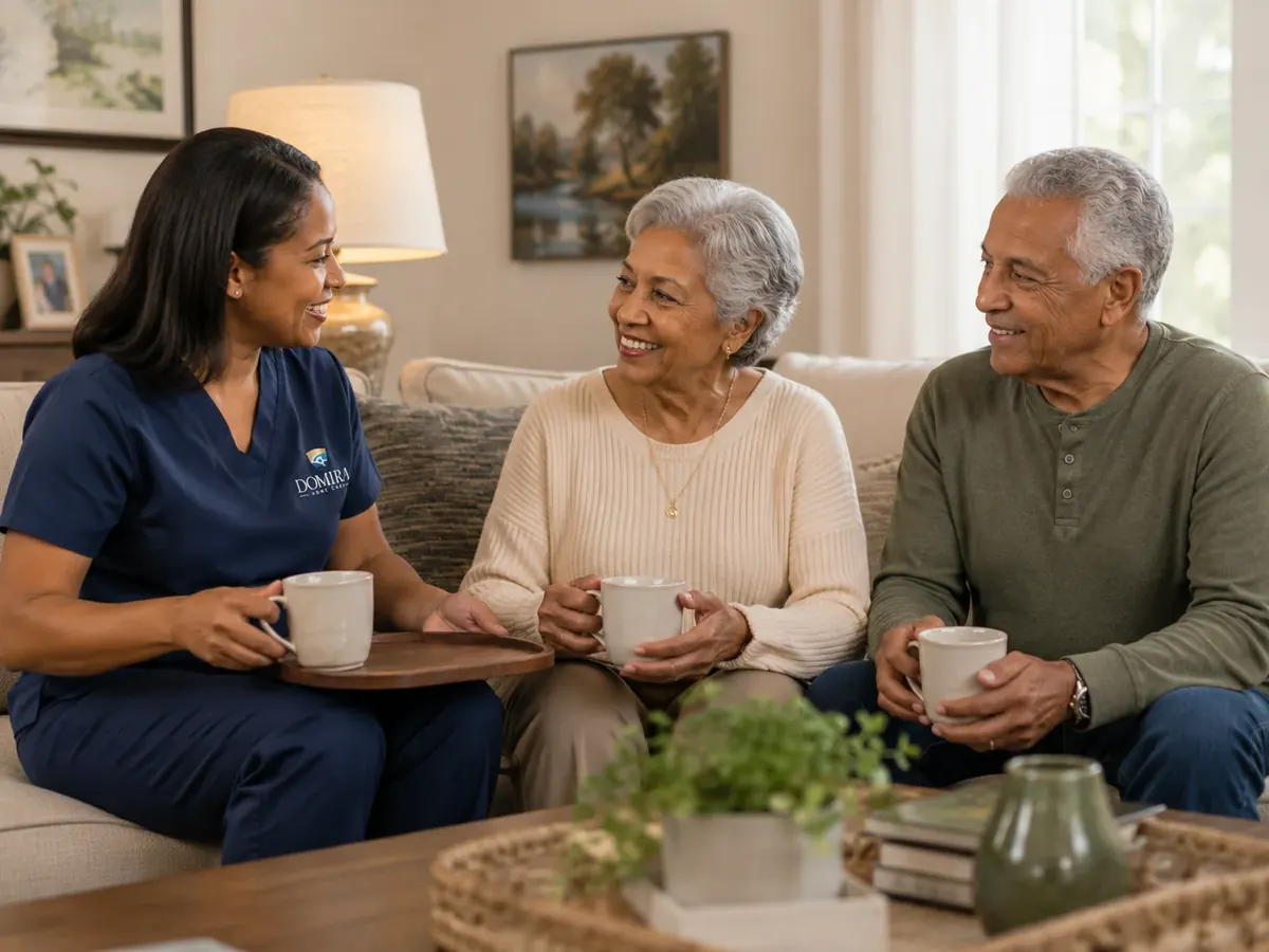 Domira caregiver sharing coffee and conversation with an older couple at home