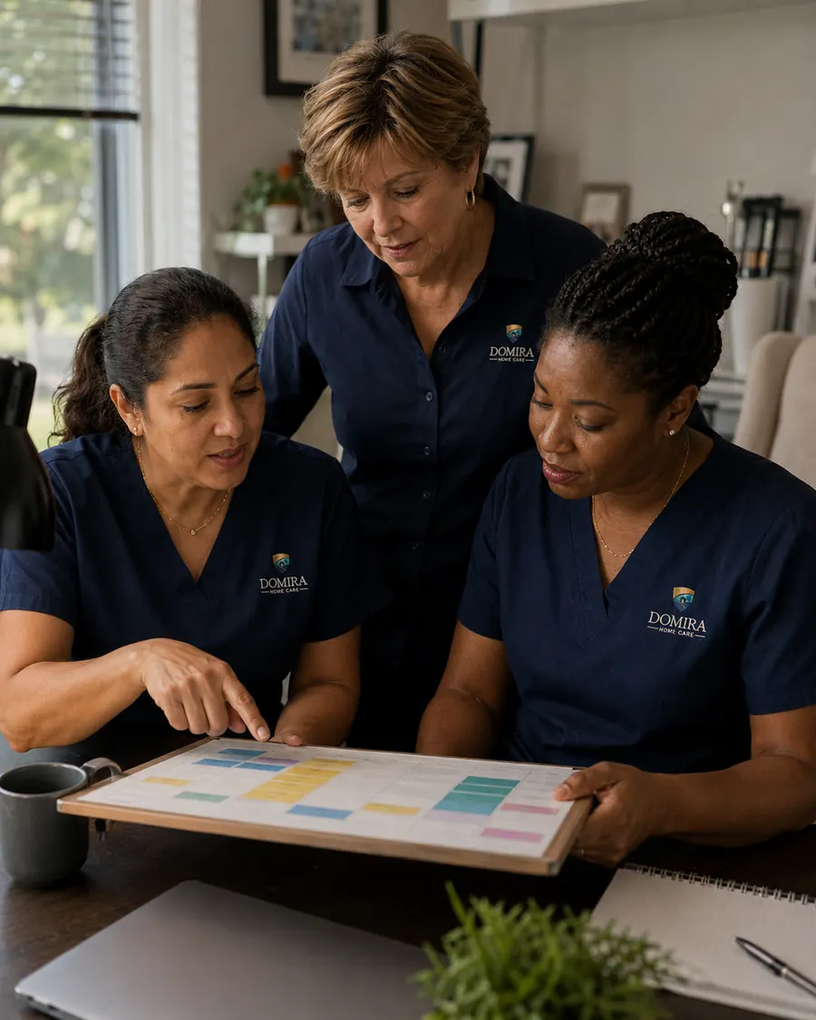 Domira caregiver team reviewing written materials together