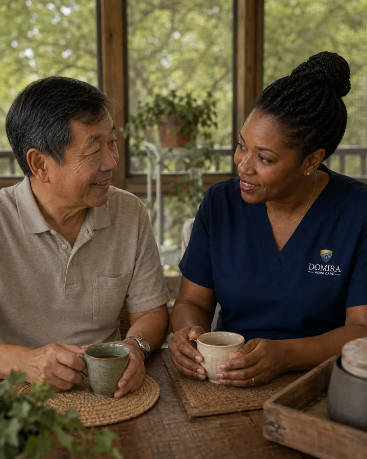 Domira caregiver talking with an older adult about care options