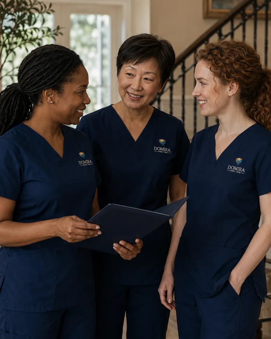 Domira caregiver team reviewing a tablet together