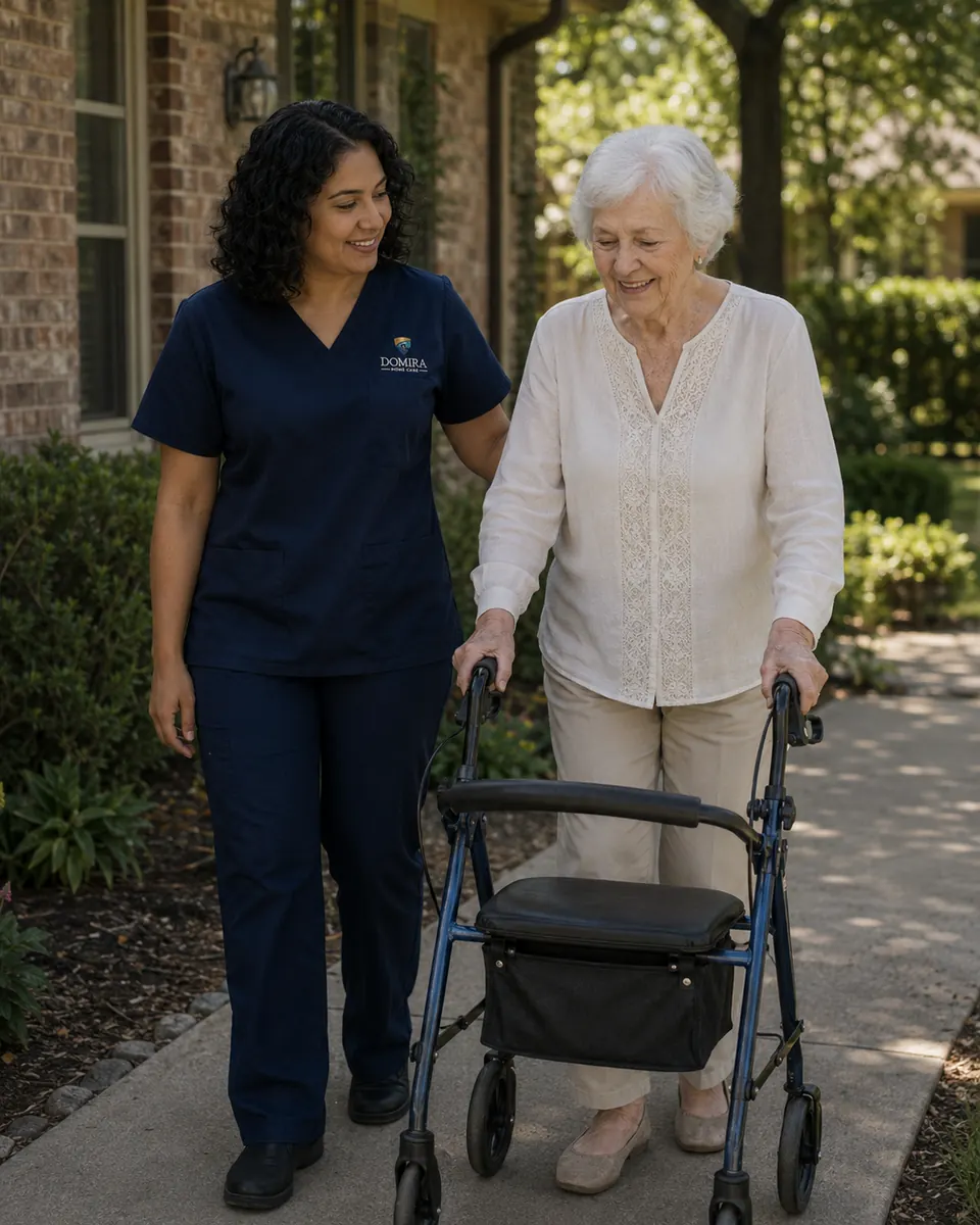 Domira caregiver walking outdoors with an older woman using a walker