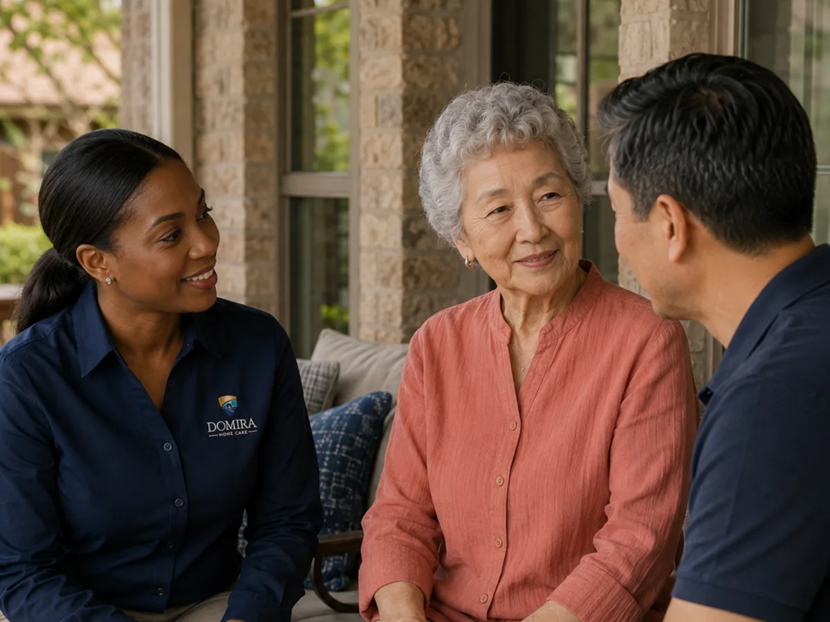 Domira supervisor discussing support with an older woman and adult family member at home