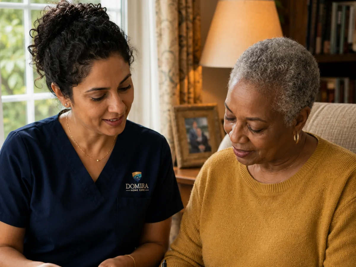 Domira caregiver helping an older woman with written correspondence at home