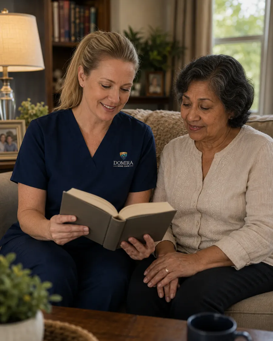 Domira caregiver reading with an older woman on a sofa