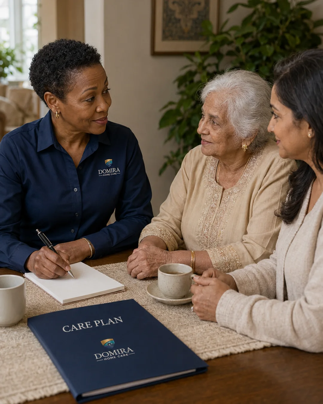 Domira supervisor discussing a care plan with an older adult and family member