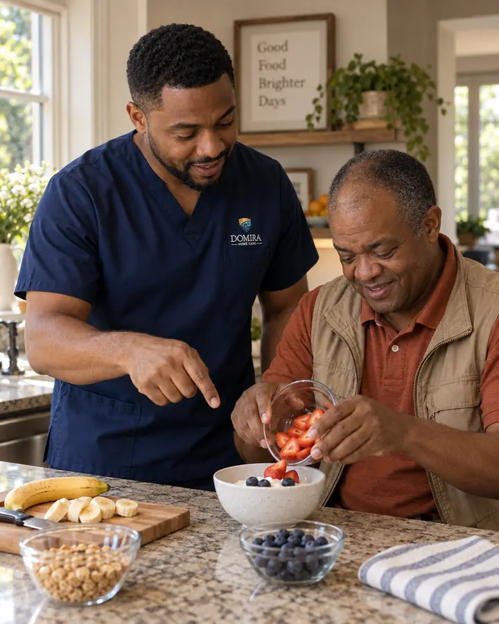 Domira caregiver and adult preparing a fruit bowl together at home