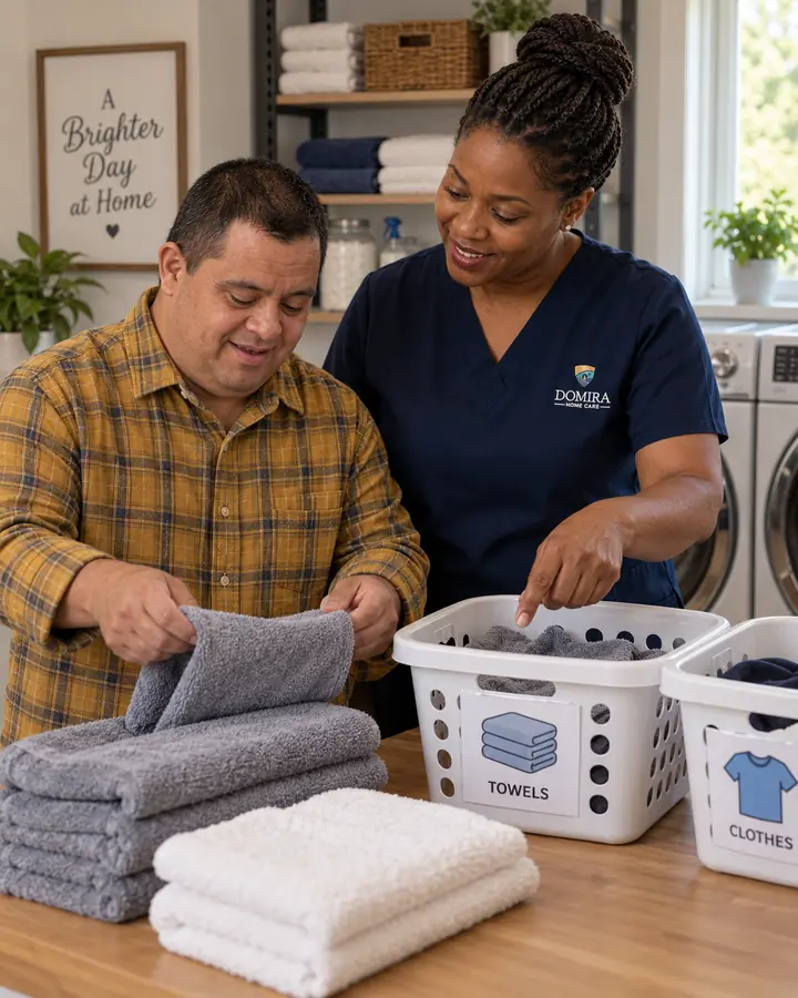Domira caregiver and adult folding towels together at home
