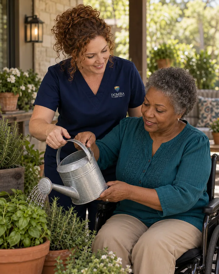 Domira caregiver and adult tending herbs together at home