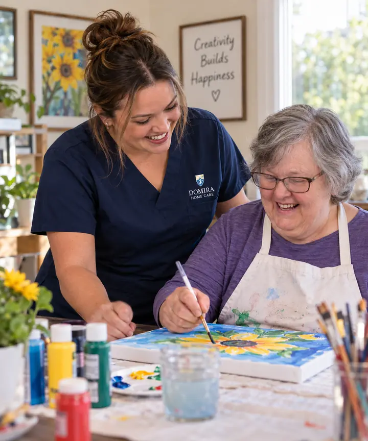 Domira caregiver and adult sharing a creative painting activity at home