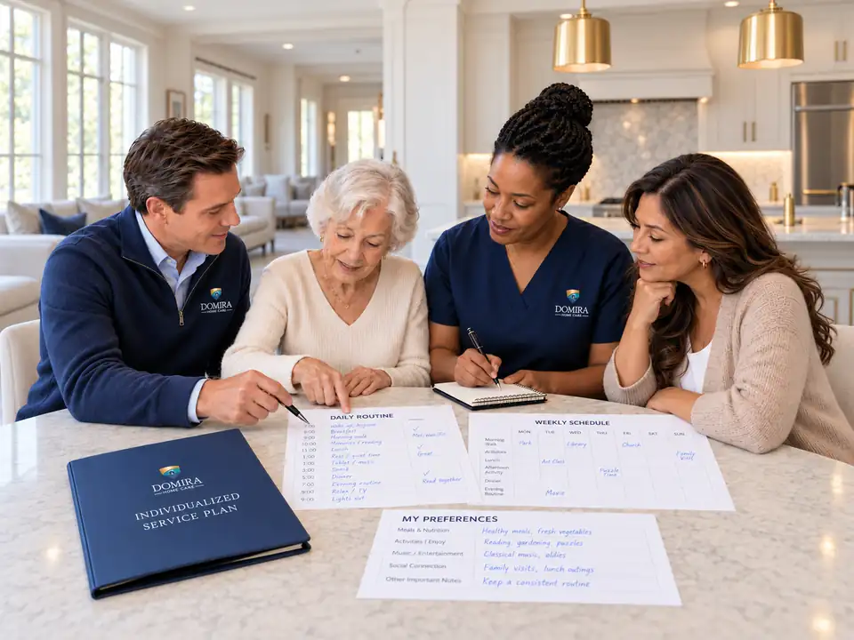 Domira team and family reviewing an individualized care plan with an older adult at home