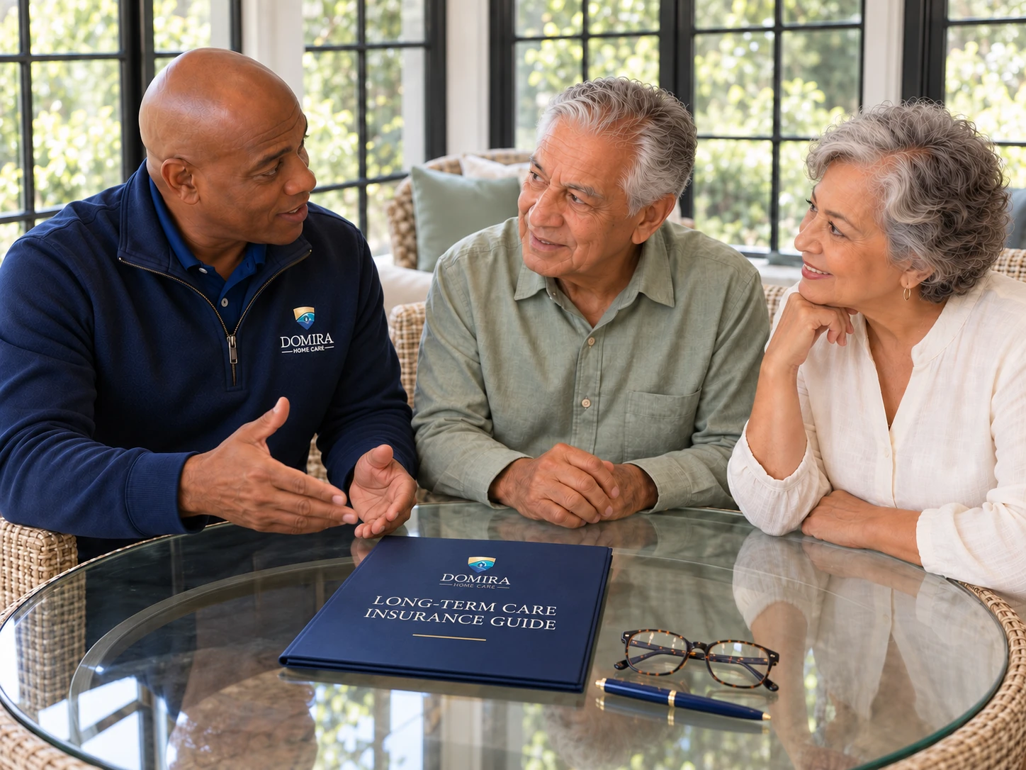 Domira supervisor discussing long-term care insurance and in-home care with an older couple.