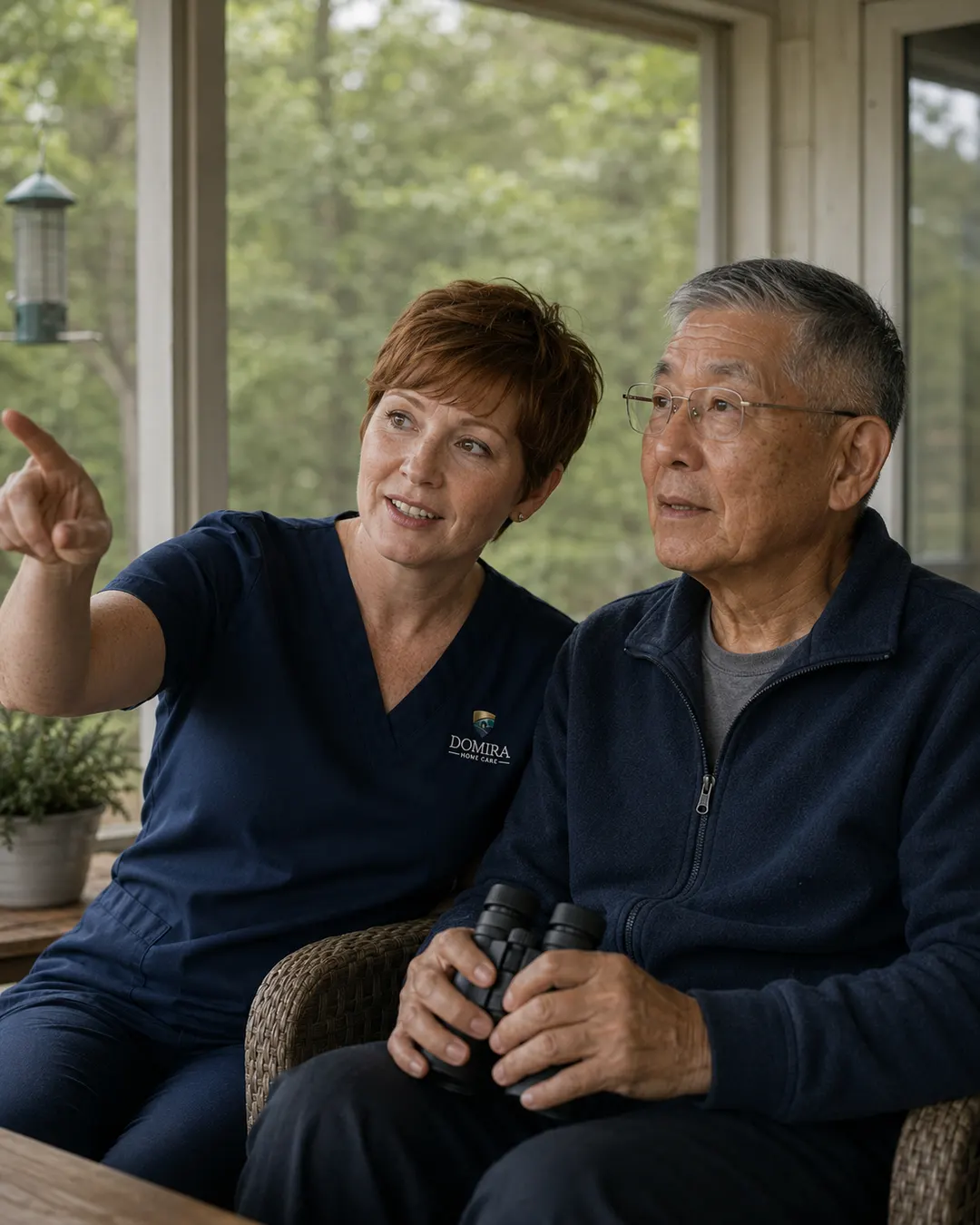 Domira caregiver calmly redirecting an older adult's attention toward a familiar outdoor view at home
