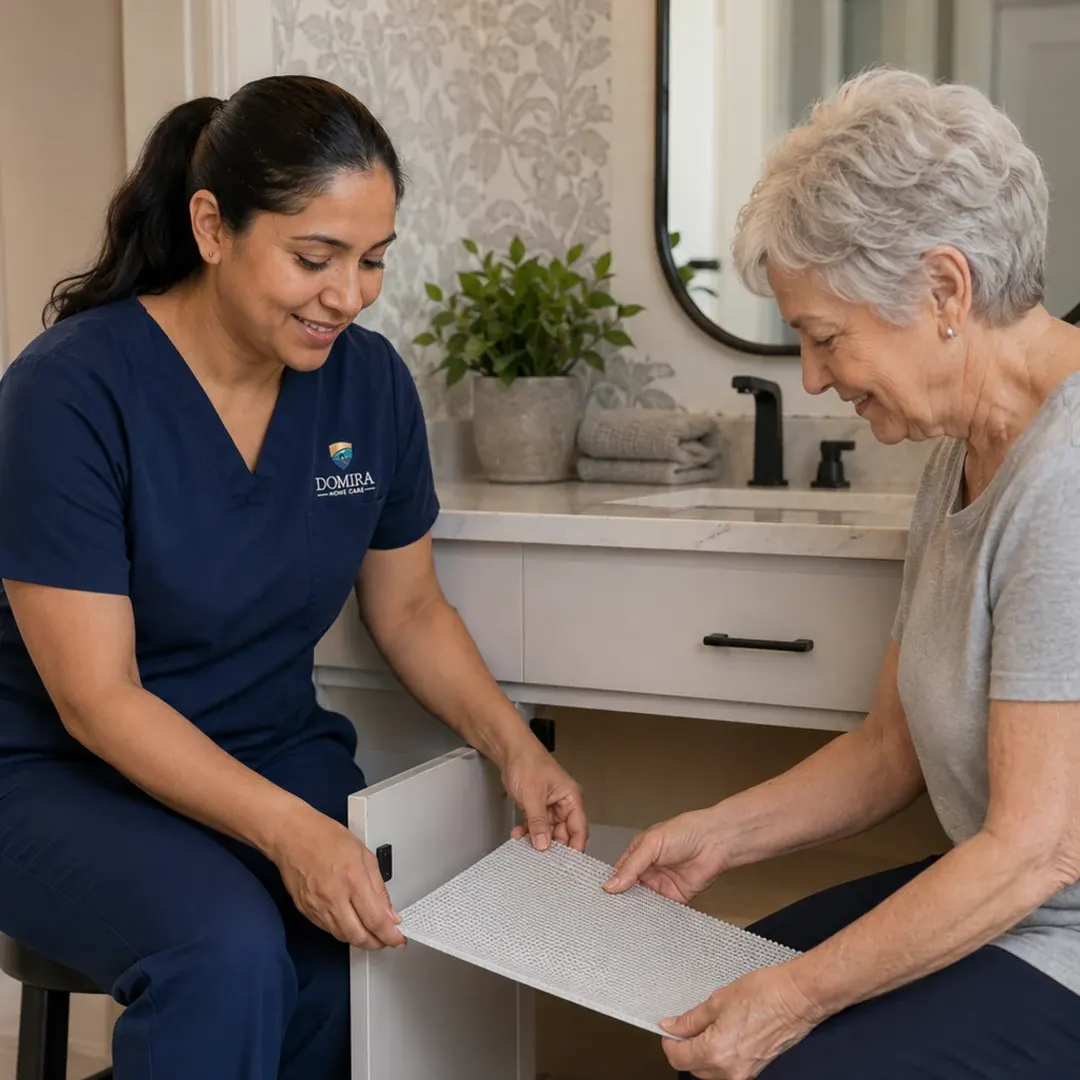 Domira caregiver and older adult preparing a bathroom for safer personal care and bathing routines