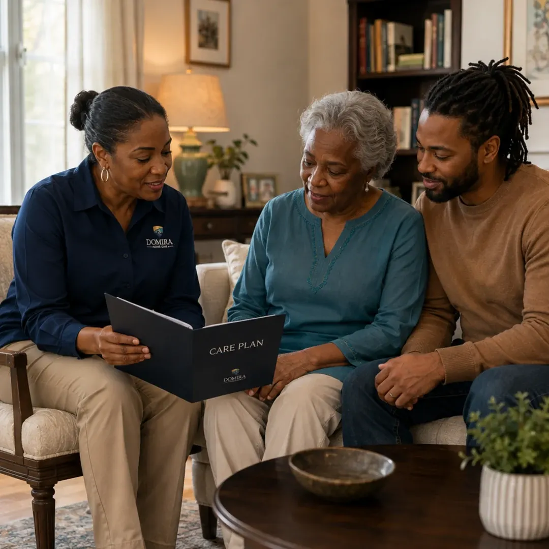 Domira caregiver reviewing a care plan and medication routine with an older adult and family member