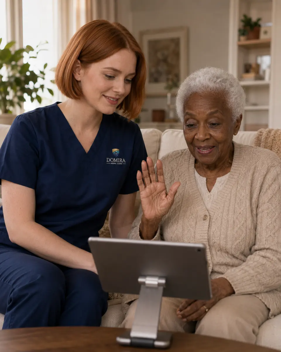 Domira caregiver helping an older adult connect with family during a video call