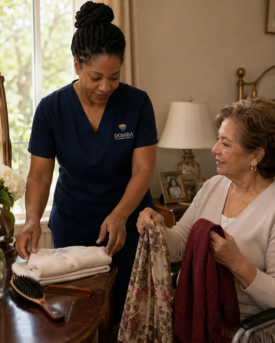 Domira caregiver respectfully helping an older adult select clothing as part of a personal-care routine